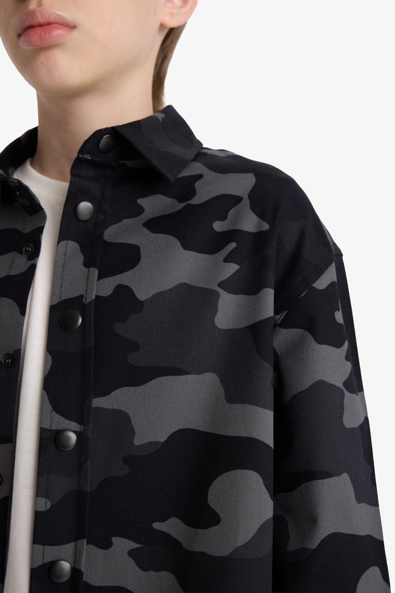 DeFacto Grey Boy Boy Oversize Camouflage Pattern Gabardine Shirt Casual - Image 5